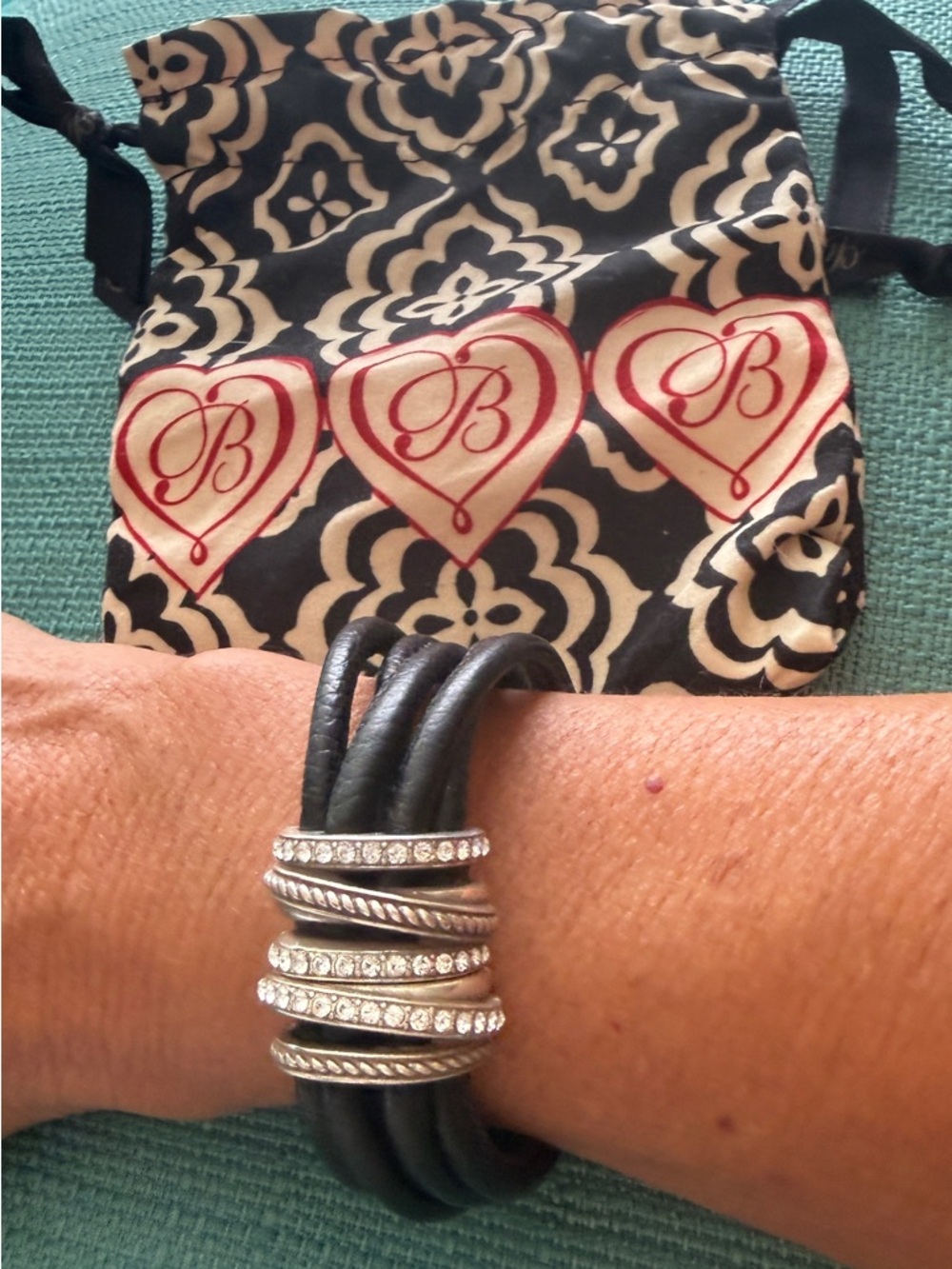 Brighton Black Leather Multi-Strand Bracelet with Silver Crystal Bands